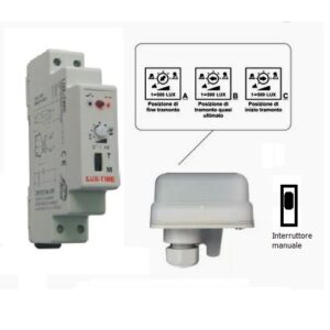 Relè Crepuscolare 16A 1 Modulo Din 220V con fotocellula e interruttore manuale